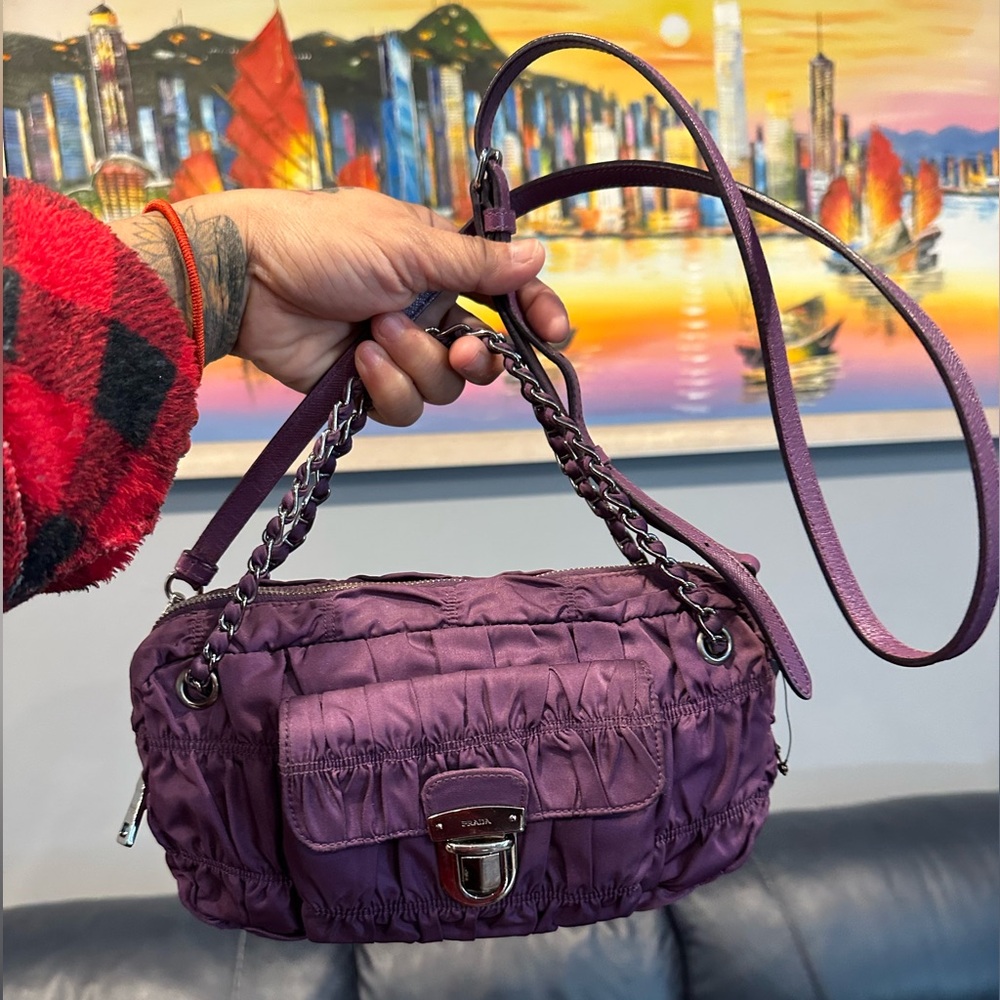 ❤️SOLD❤️Prada Gathered 2Way Shoulder Bag Chain Nylon Purple Authentic